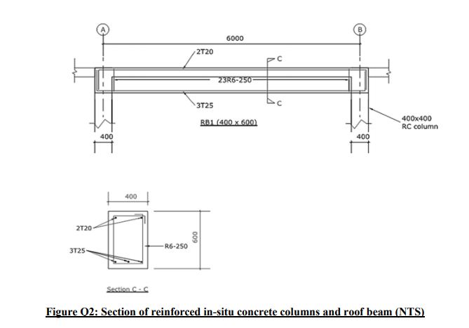 Section of reinforced in-situ concrete columns and roof beam (NTS)